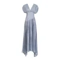 Elegant V-neck pleated satin maxi dress in light blue with cinched waist and shimmering finish. - M / Dresses / Blue