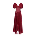 Elegant wine red V-neck pleated satin long dress with sparkling sequin waist detail - M / Dresses / Red