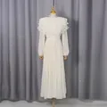 Full view of elegant white palace style pleated chiffon dress with ruffled collar - S / Apricot