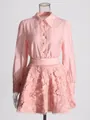Elegantes rosa Set aus langärmeligem Hemd und Rock mit floraler Spitze für Damen. - S / Oberteil Und Unterteil / Rosa