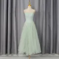 Light green palace style mesh strap dress with exquisite embroidery details for bridesmaid - S / Dresses / Green