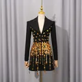 Elegant black blazer dress with gold sequins, tassels, and luxury vintage palace style. - S / Dresses / Black