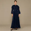 Elegant navy blue pleated chiffon maxi dress with ruffled tie-neck and lantern sleeves - S / Navy Blue