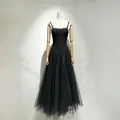Elegant black embroidered tulle evening gown with spaghetti straps and corset bodice - S / Dresses / Black