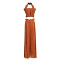 Elegant orange two-piece pleated set with halter ruffle crop top and high-waisted pants - One Size / Top And Bottom / Orange