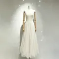 Elegant white court-style mesh strap long dress featuring irregular embroidery details - S / Dresses / White