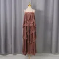 Vue détaillée de la robe longue à volants chocolat avec dentelle vintage - S / Robes / Brun Rouge