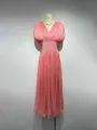 Elegant peach pink pleated V-neck maxi dress with cinched waist, perfect for summer events - M / Dresses / Pink