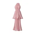 Elegante vestido largo plisado con cuello halter en rosa palo sin mangas y volantes - S / Vestidos / Rosa