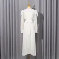 Elegant white long sleeve pleated chiffon dress with lace collar and waist bow detail - White