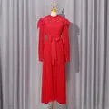 Elegant red pleated maxi dress with lace shoulders and cinched waist for women. - S / Dresses / Red