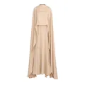 Elegante vestido largo de satén champán con detalle de chal de capa y abertura lateral alta - S / Conjuntos
