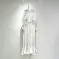 Elegant white French dress with rhinestones, tie waist, and feminine ruffled hem. - S / Dresses / White
