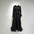Elegant black maxi dress featuring rhinestone details, waist tie, and flounce hem detail - S / Dresses / Black