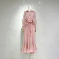 Detail of elegant pink French style long dress with rhinestones and ruffled hem - S / Dresses / Pink