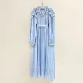 Elegant light blue pleated lace maxi dress with long sleeves and high neck. - S / Dresses / Light Blue