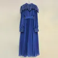 Elegant blue pleated chiffon maxi dress with exquisite lace collar and long sleeves - S / Dresses / Dark Blue