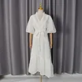 Elegant white French style lace dress featuring a V-neck, puff sleeves, and tie waist - S / Dresses / White