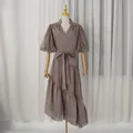 Elegant French style mauve lace midi dress with V-neck and puff sleeves variant view - S / Dresses / Coffee
