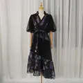 Elegant French style black floral lace midi dress with V-neck and puff sleeves for summer - Black