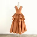 Elegant French retro style tiered ruffled midi dress in rust orange with button details - S / Dresses / Camel
