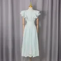Ensemble deux pièces bleu clair vintage avec chemise à volants et jupe à ourlet en dentelle - S / Haut Et Bas / Vert