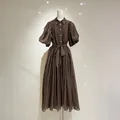 Robe chemise brodée vintage française à manches bouffantes couleur marron - S / Robes / Marron