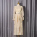 Elegant vintage palace style hollow lace maxi dress with long sleeves and belted waist - M / Dresses / Apricot
