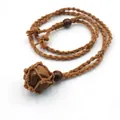 Handmade adjustable braided net pouch necklace featuring a natural brown stone pendant - Natural / Tiger Eye
