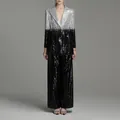 Elegant gradient silver-black sequin blazer and wide-leg trousers set - M / Top And Bottom / Black