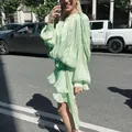 Mint green pleated long-sleeve mini dress with ruffled hem, tie waist and satin finish - S / Dresses / Green