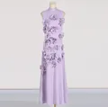 Elegant lavender sleeveless maxi dress with 3D floral appliques and stand collar. - S / Dresses / Purple