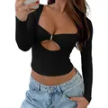 Sexy black square neck long sleeve hollow out crop top with front buckle detail for women. - S / Tops / Black
