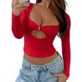 Sexy red square neck long sleeve crop top with chest cut-out detail for women fashion - S / Tops / Red