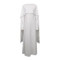 Elegant white floor-length dress featuring a high waist and heavy pearl-trimmed shawl. - S / Dresses / White