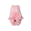 Elegant pink French mini dress with ruffles and bell sleeves for a slim silhouette. - S / Dresses / Pink