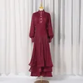 Elegant wine red lantern sleeve buttoned maxi dress with tiered ruffle hem and slim waist - S / Dresses / Burgundy