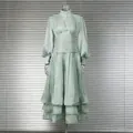 Elegant vintage mint green dress with lantern sleeves and tiered ruffled skirt - S / Dresses / Green