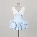 Süßes hellblau gestreiftes Minikleid im Korea-Stil mit weißem Spitzenkragen und Schleifen - S / Kleider / Blau