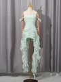 Mint green halter neck corset dress featuring asymmetrical layered ruffles and a long trail - Light Green