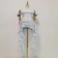 Elegant light blue halter neck irregular ruffled tassel dress displayed on a mannequin - Blue