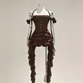 Elegant brown halter neck ruffled tassel dress with asymmetrical design for spring - Brown