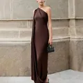 Elegant French-style brown one-shoulder long evening gown showcased on a model - S / Dresses / Brown