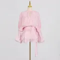 Elegant light pink pleated mini dress featuring lantern sleeves and waist tie detail - S / Dresses / Light Pink