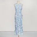 Full view of light blue sleeveless evening dress featuring detailed 3D floral lace applique - S / Dresses / Blue