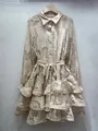 Elegant champagne floral print dress with a tie-waist and tiered ruffled hemline - M / Dresses / Khaki