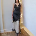 Elegant sexy black and white lace patchwork maxi slip dress with deep V-neck and side slit - S / Black