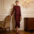 Elegant burgundy long-sleeve evening dress with waist draping and slim fit design - M / Dresses / Burgundy