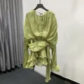 Elegant lime green pleated mini dress with tie-waist detail and long sleeves for women - S / Dresses / Pale Green