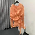 Elegant apricot pleated summer mini dress with long sleeves and lace-up back detail - Light Orange